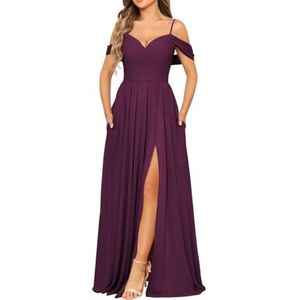 Chiffon bruidsmeisjesjurk voor dames met split avondjurken baljurk cocktailjurk grote maten, Pruim, 32