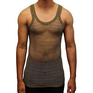Ementu Heren Premium 100% Katoen Getailleerd String Vest Visnet Tank Top, Leger, S