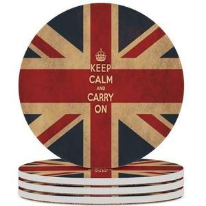 Keep Calm and Carry On Britse vlag onderzetters voor drankjes keramische onderzetters bekerhouders met kurkbasis voor woondecoratie 4 stuks