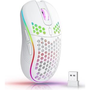 Azonee Draadloze muis, draadloze gamingmuis, oplaadbare pc-muis met RGB-achtergrondverlichting, 6 knoppen, verstelbare lichtgewicht honingraatbehuizing voor laptops, pc, computers, enz. (draadloos wit