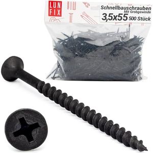 Lun - Fix Snelbouwschroeven - Zwart - 3,5 x 55 mm - 500 stuks - Gipsplaatschroeven met Grove Schroefdraad