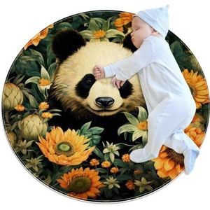 VAPOKF Kleine tapijten badkamer tapijten Happy Panda Play Vintage Bloemen Pauwenveren Antislip Gooi Tapijt Vloer Tapijt Deur Mat voor Bank Slaapkamer Kinderkamer Decor (Rond - 0,7 m Diameter)