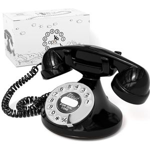 OPIS FunkyFon cable: 1920 draaischijf retro telefoon in de bochtige stijl van de jaren 20 met moderne elektronische bel (zwart)