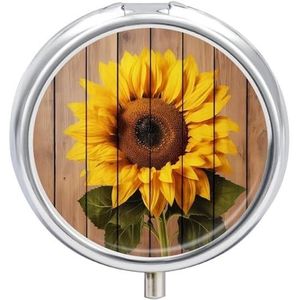 Zonnebloem met houten pillendoos, 3 compartimenten kleine pillenkoker waterdichte reispillenorganizer voor zak of portemonnee draagbare mini-medicijntablet vitaminehouder pillenetui