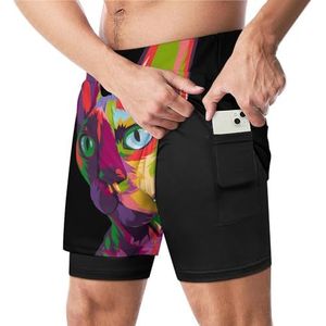 Kleurrijke Sphynx Kat Pop Art Grappige Zwembroek met Compressie Liner & Pocket Voor Mannen Board Zwemmen Sport Shorts