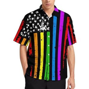 Regenboog LGBTQ Gay Pride Vlag Zomer Heren Shirts Casual Korte Mouw Button Down Blouse Strand Top met Zak L
