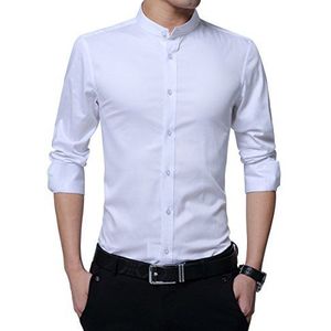Sliktaa Overhemd voor heren, opstaande kraag, slim fit, lange mouwen, business, bruiloft, formeel shirt, smoking, katoen, wit, L