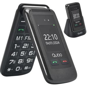 Qubo Flip Telefoon voor Senioren GSM, Telefoon voor Senioren, 2,4"" Display, Hoge Volume, SOS-functie, Ondersteuning Dual-SIM, Snelkiezen, FM-radio, Zaklamp, Oplaadstation, Zwart