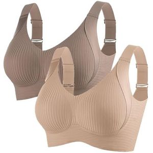 Geribbelde push-up bh voor dames, verstelbaar, volledige dekking, ademende ondersteuning(2pcs Coffee+skin Color,3X-Large)