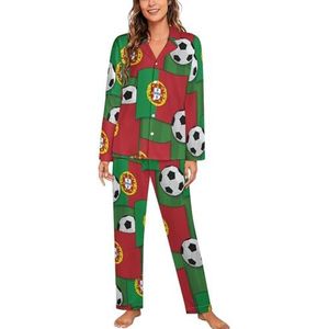 Portugal Voetbal Voetbal Patroon Vrouwen Lange Mouw Button Down Nachtkleding Zachte Nachtkleding Lounge Pyjama Set M