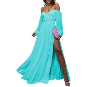 Chiffon bruidsmeisjesjurk voor dames, met splitplooien, baljurken, cocktailjurken, grote maten, Turkoois, 32