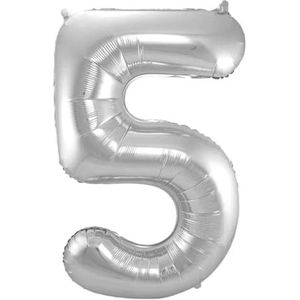 LUQ - Cijfer Ballonnen - Cijfer Ballon 5 Jaar zilver XL Groot - Helium Verjaardag Versiering Feestversiering Folieballon