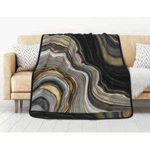 Deken, 127 x 152 cm dubbelzijdige deken reizen dekens zachte deken voor slaapbank, moderne zwarte en gouden agaat edelsteen