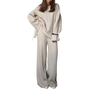 MLSHWUG Dames Gebreide Textuur Ronde Hals Trui Elastische Taille Broek Tot De Vloer 2-Delige Set,Khaki,L
