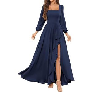 HPPEE Bruidsmeisjesjurken met lange mouwen en split ruches vierkante hals chiffon formele avondjurk, Donkerblauw, 32