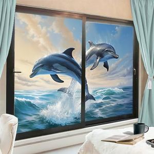 Moderne oceaan dier raamfilm kamerdecoratie cartoon schattige dolfijn springen glas in lood raamfolie zon blokkerende warmteregulatie geen lijm raambekleding voor thuiskantoor 90 x 160 cm x 2 stuks