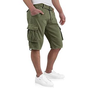 Indicode Kjeld cargoshorts voor heren, met 6 zakken, incl. stoffen riem van 100% katoen, korte broek, bermuda, zomer, herenshorts, cargobroek, korte zomerbroek voor mannen, leger, M