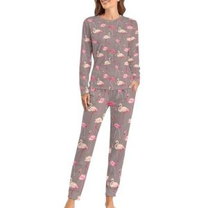 Roze flamingo zachte damespyjama met lange mouwen, warme pasvorm, loungewear sets met zakken, 4XL