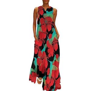 Kolibrie en rode hibiscus bloem dames enkellengte jurk slim fit mouwloze maxi-jurk casual zonnejurk XL