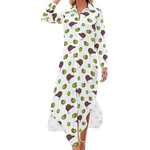 Kiwi Birds And Kiwi Fruits Maxi-jurk voor dames, lange mouwen, knoopsluiting, casual feestjurk, lange jurk, L