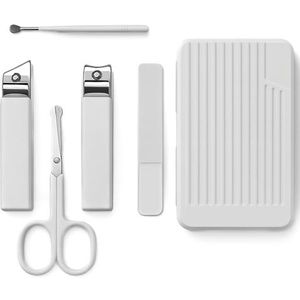 Sun&Beam Nails Nagelknipper glasnagelvijl, schaar, spiegel, oorreiniger, 6-delige set, nagelverzorgingsset voor handen en voeten, anti-spatten, antislip, draagbaar, met opbergdoos, wit