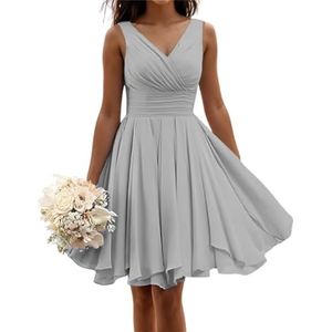 Korte bruidsmeisjes jurken voor vrouwen mouwloze geplooide chiffon V-hals A-lijn formele jurken avondjurken, Zilver, 58