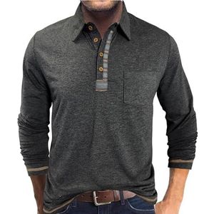 Heren poloshirts met lange mouwen, casual stretch werk T-shirts, casual T-shirt met knoopjes en zak(Dark gray,3XL)
