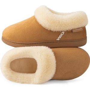 EverFoams Warme pantoffels voor dames, pluizig traagschuim, voor binnen en buiten, gesloten achterkant, Camel Bruin, 3/4 UK