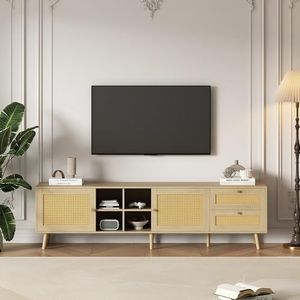 Moimhear Stijlvolle tv-kast van hout en rotan - 180 x 40 x 55 cm - 2 rotandeuren, 2 rotanladen, geschikt voor 80 inch tv