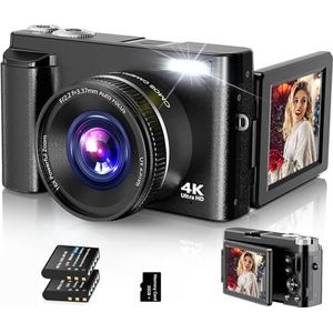 Digitale camera, 4K UHD fotocamera, autofocus met 32G-kaart, 48MP vloggingcamera met 180° flip-scherm en uv-lens, compacte camera voor tieners, beginners en volwassenen