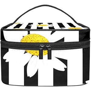 Aquarel Zebra met rode bloemen make-up tas voor vrouwen meisjes cosmetische tassen met handvat reizen make-up organizer tas, Daisy Flower Zwart Wit Strepen, 8.9x5.9x5.4 Inches, Make-up zakje