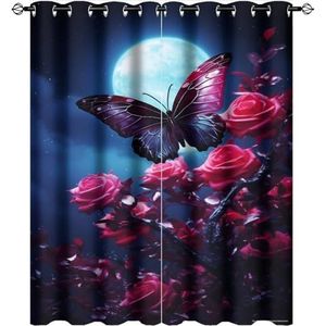 AEMYSKA Rustieke rozen thermisch geïsoleerde tule verduisterende gordijnen kleurrijke vlinders natuur bloemen nacht kamer verduistering warmte-isolerende gordijnen gordijnen voor slaapkamer 2 panelen