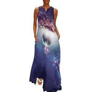 Universe And Planets Enkellange jurk voor dames, slanke pasvorm, mouwloos, maxi-jurk, casual zonnejurk, maat M