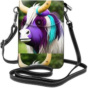 Kleurrijke Koe Hoofd Lederen Cross Body Flip Telefoon Tas Met Afneembare Schouderbanden, Gebruikt Voor Reizen, Dating, Vakantie Geschenken, Zwart, Eén maat