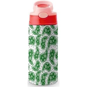 Groene Paisley Patroon 12oz Water Fles met Stro, Koffie Tumbler Water Cup Roestvrij Staal Reizen Mok Voor Vrouwen Mannen Roze Stijl