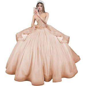 Fuomomo Quinceanera MT054 Jurken met spaghettibandjes, partyjurk met staart, Quinceanera kanten jurk met strik, Quinceanera tule met parels, perzik, 48/Grote Maten