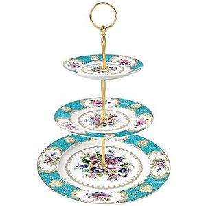 fanquare 3 Tier Bloemen Porseleinen Taartstandaard, Blauwe Vintage Serveerstandaard met Metalen Stangen Goud, Dessertstandaard voor Verjaardag, Bruiloft, Theekransje, Baby Douchen, Feestje