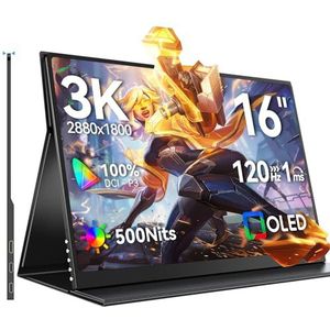 Draagbare Monitor OLED 3K 120Hz 16 Inch met 100000:1 500 Nits 2880*1800 16:10 DCI-P3 1ms Responstijd Scherm Mini HDMI USB C voor PC Laptop Smartphone Gameconsoles, Metalen Behuizing, VESA-Compatibel