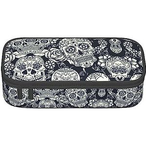 NEZIH Rits Potlood Case, grote capaciteit Lama Alpaca Groene Print Pen Case voor School & Kantoorbenodigdheden - 8,3x3,7x2 inch, Bloemenschedel, Eén maat, Tas Organizer