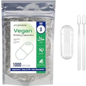 ATLEMISME Lege plantaardige capsules Maat 0 - Pak van 1000 - Gelatinevrij, ideaal voor voedingssupplementen en poeders - Gemakkelijk vullend en snel oplossend