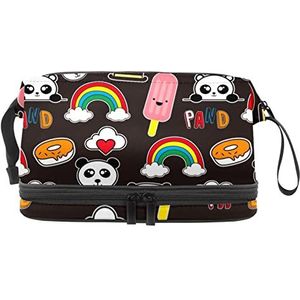 Multifunctionele opslag reizen cosmetische tas met handvat,Grote capaciteit reizen cosmetische tas,Panda regenboog schattig, Meerkleurig, 27x15x14 cm/10.6x5.9x5.5 in