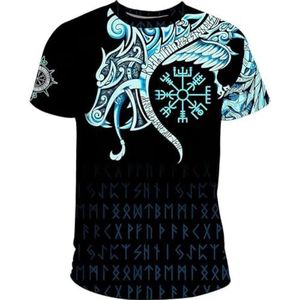 Zomer Viking Odin Fenrir Tattoo T-shirt – Unisex 3D Digitaal Bedrukte Viking Krijger Vegvisir Rune Casual Korte Mouwen – Celtic Pagan Beach Party Quick Dry Top (Color : Fenrir B, Size : XXL)