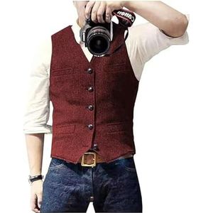 Solovedress Casual wollen vest met visgraatpatroon voor onder pak, v-hals, tweedvest voor bruiloft, groomsmen, bordeaux, L