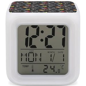 Goudvink Robin En Tomtit met Bloem Digitale Wekker voor Slaapkamer Datum Kalender Temperatuur 7 Kleuren LED Display