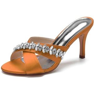 SYDZSW Ivoor trouwschoenen met naaldhak, bruidsschoenen, hoge hakken, satijn, sandaal, riem met strass, 35-42, Oranje, 35 EU
