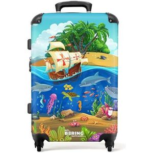 NoBoringSuitcases.com © Reiskoffer Harde koffer Trolley Kinderkoffer Grote koffer Reiskoffer met 4 wielen, TSA-slot (Piratenschip in zee vol dieren en planten), (Middelgroot 67x43x25 cm)