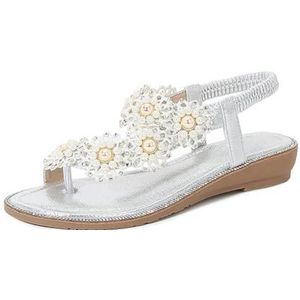 Xytraiihw Damessandalen, zomerse casual platte sandalen met clipneus elastische band met parels strandschoenen comfortabele lichtgewicht comfortabele slippers voor bruiloften,Zilver,36 EU