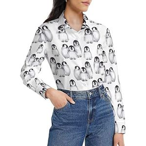 Schattige baby pinguïns winter dieren dames shirt lange mouwen button down blouse casual werk shirts tops M