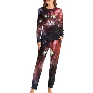 Fantasy Galaxy Cat zachte damespyjama met lange mouwen, warme pasvorm, loungewear sets met zakken, 5XL