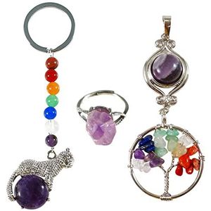 Zilverdraad gewikkeld natuurlijke ronde edelsteen amethist 7 chakra levensboom hanger, amethist zeven chakra kralen cheetah sleutelhanger en amethist ruwe ring, sieraden geschenken voor vrouwen meisjes